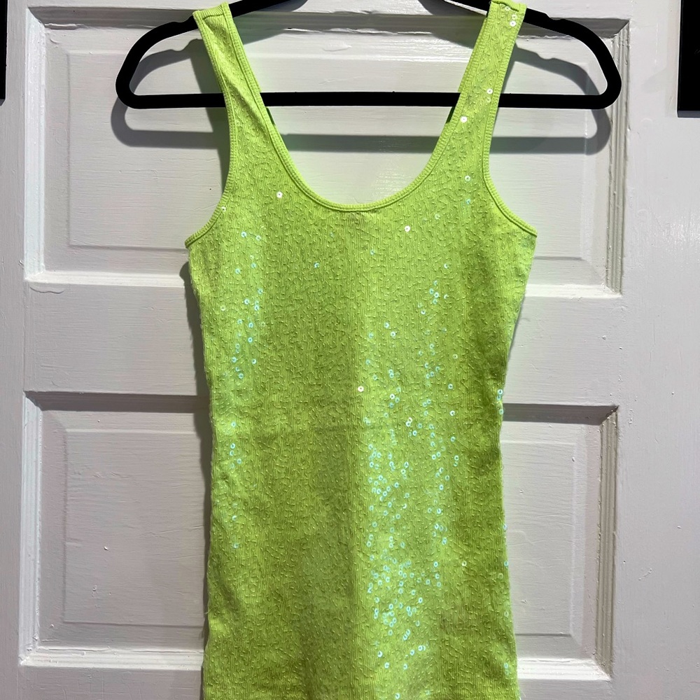 Express sequin front lime green ribbed tank